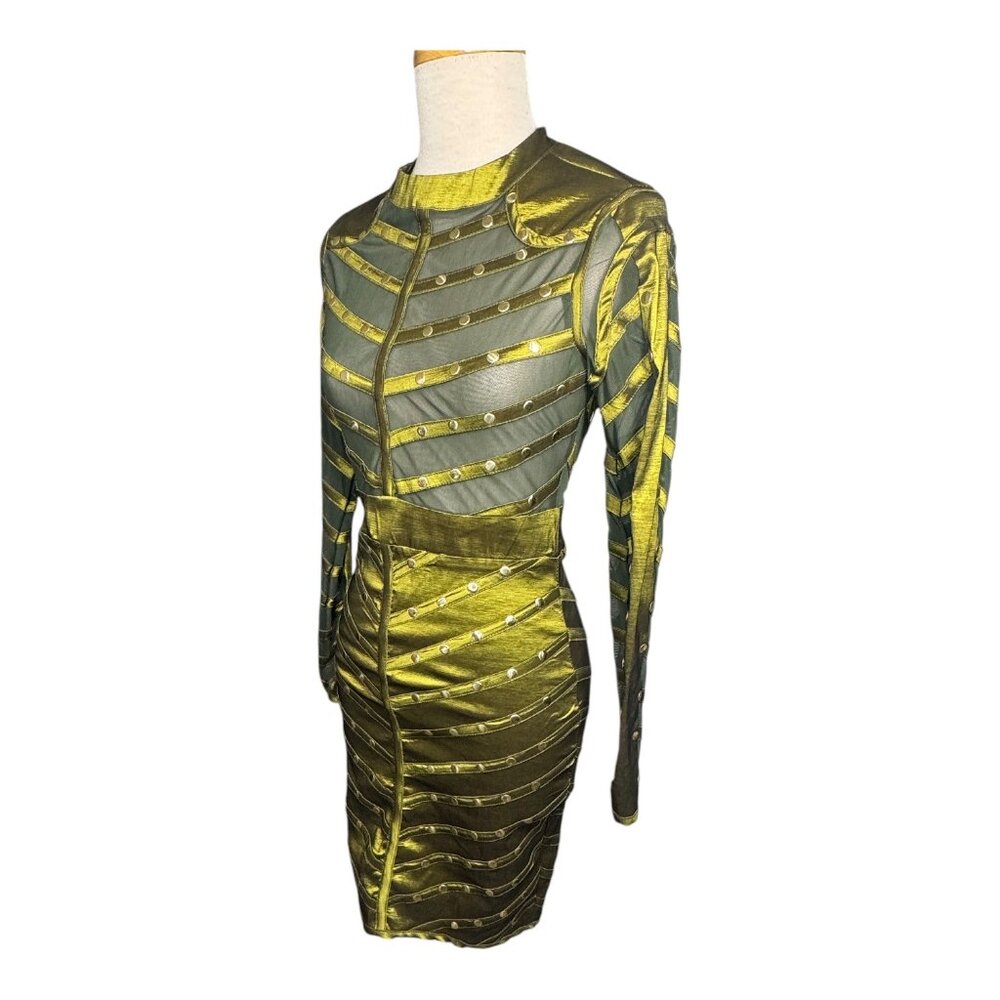 Studded Mesh Bandage Sexy Metallic Green Bodycon Mini Dress - Picture 8 of 10